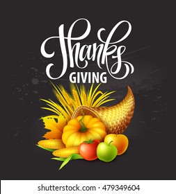 Illustration of a Thanksgiving cornucopia full of harvest fruits and vegetables. Fall greeting design. Autumn harvest celebration. Pumpkin and leaves. Vector illustration EPS10