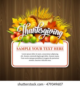 Illustration of a Thanksgiving cornucopia full of harvest fruits and vegetables. Fall greeting design. Autumn harvest celebration. Pumpkin and leaves. Vector illustration EPS10