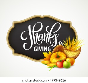 Illustration of a Thanksgiving cornucopia full of harvest fruits and vegetables. Fall greeting design. Autumn harvest celebration. Pumpkin and leaves. Vector illustration EPS10