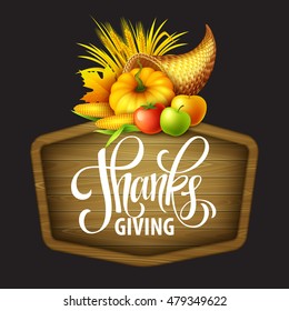 Illustration of a Thanksgiving cornucopia full of harvest fruits and vegetables. Fall greeting design. Autumn harvest celebration. Pumpkin and leaves. Vector illustration EPS10