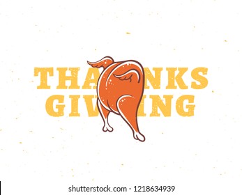 Illustration of thanksgiving day traditional celebration. Poster or banner design, easy editable EPS10. Illustration of funny hand-drawn turkey on yellow text THANKSGIVING