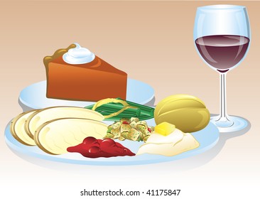Illustration of a thanksgiving dinner with wine and pumpkin pie.