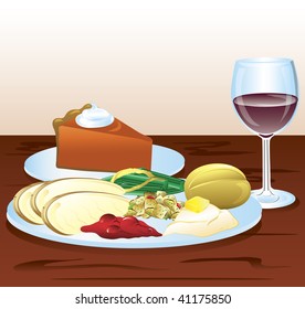 Illustration of a thanksgiving dinner with wine and pumpkin pie.