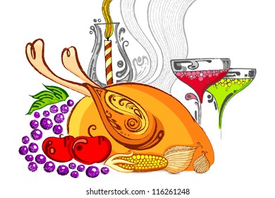 illustration of Thanksgiving feast with turkey and fruit