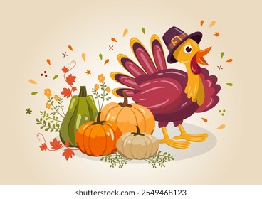 Una ilustración de la tarjeta de felicitación de Acción de Gracias con un pavo, calabazas y hojas. Ilustración festiva de vacaciones