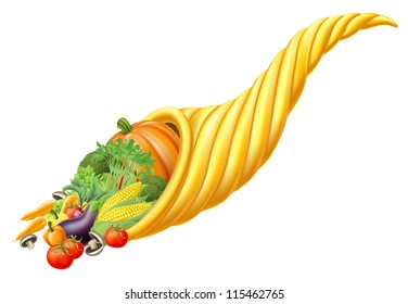 Illustration of thanksgiving or harvest festival cornucopia horn full of fresh produce food