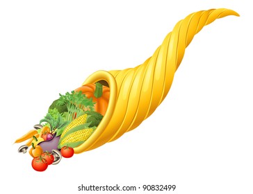 Illustration of thanksgiving or harvest festival cornucopia horn full of produce