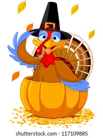 Illustration of a Thanksgiving turkey with pilgrim hat in the  pumpkin