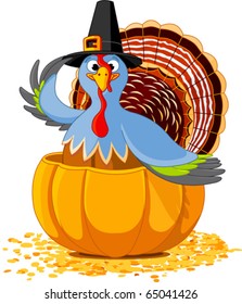 Illustration of a Thanksgiving turkey with pilgrim hat in the  pumpkin