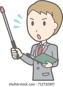 An illustration that a businessman wearing a suit is impatient with an instruction stick