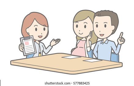 Illustration that a couple talking with a businesswoman vol.05 (Illustration of pregnant wife and husband talking to woman)