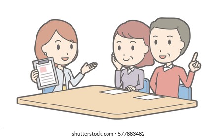 Illustration that a couple talking with a businesswoman vol.02 (Illustration that a middle-aged couple and a woman are talking)