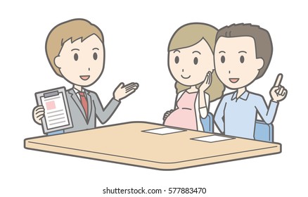 Illustration that a couple talking with a consultant vol.05 (Illustration of pregnant wife and husband talking to salesman)