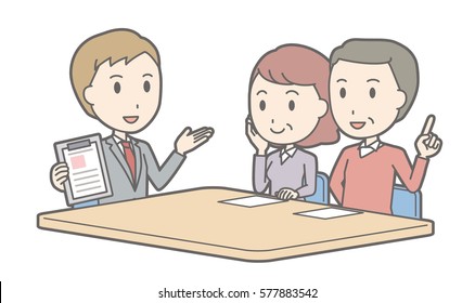 Illustration that a couple talking with a consultant vol.02 (Illustration that a middle-aged couple and a salesman are talking)