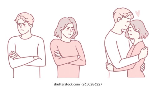 An illustration that creatively depicts various relationship emotions, including conflict, sadness, and love