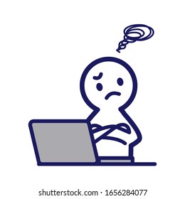 Illustration that a deformed human using a personal computer is in trouble