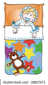 Illustration that depicts a baby in her bed with a toy bear on the subject