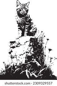 illustration that depicts a feline creature with sharp claws and pointy ears, as it sits on the top of a hill, surveying its surroundings.