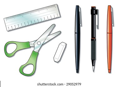 Illustration that depicts some objects in the office: pens, pencils, scissors, rubber, ruler