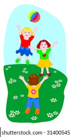 Illustration that depicts three boys while playing ball in a meadow in bloom