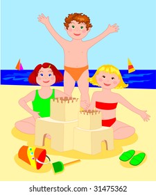 	 Illustration that depicts three children while building a castle of sand on the seashore
