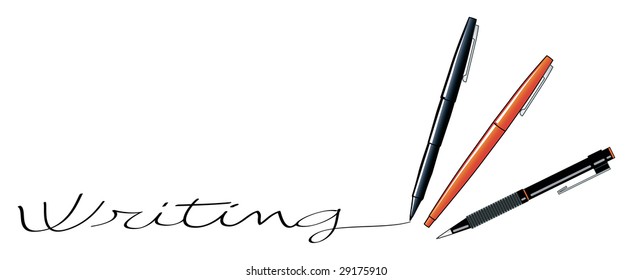 	Illustration that depicts three feathers and the word "Writing" written by a black crayon.