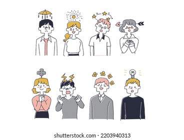  An illustration that expresses people's thoughts   feelings and weather   marks above their heads  comical handwritten characters