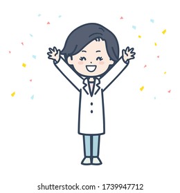 It is an illustration that the female doctor is glad to raise both hands. Vector image.