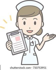 Illustration that a female nurse wearing a white coat has a file