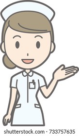 Illustration that a female nurse wearing a white suit is lifting one hand