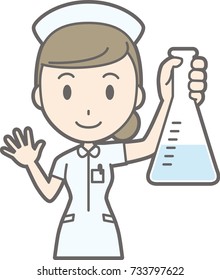 Illustration that a female nurse wearing a white coat has an flask