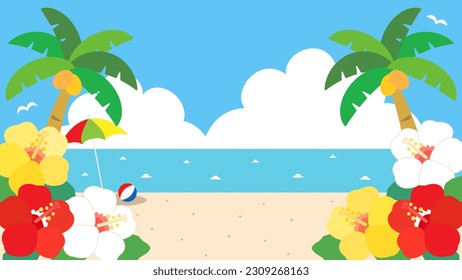 It is an illustration that imagines a midsummer beach with hibiscus, the sea, and thunderheads. It has an aspect ratio of 16:9.