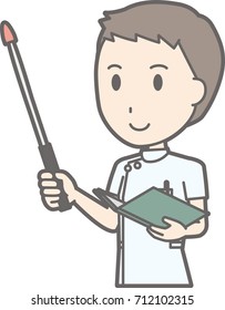 Illustration that a male nurse wearing a white coat has an instruction stick