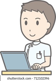 Illustration that a male nurse wearing a white coat is operating a personal computer
