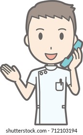 Illustration That A Male Nurse Wearing A White Coat Is Talking On The Phone