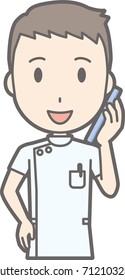 Illustration that a male nurse wearing a white coat is talking on a smartphone