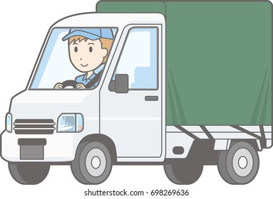 Illustration that a man is driving a light car truck with a hood