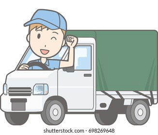 Illustration that a man riding a light car truck with a hood is posing guts