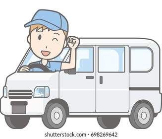 Illustration that a man riding a mini car van guts posing