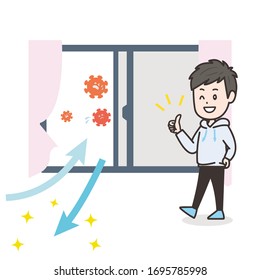 It is an illustration that a man is ventilated in the room and is driving out the virus. Vector image.