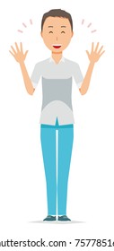 Illustration that a man wearing a short-sleeved shirt is pleased