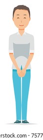 Illustration that a man wearing a short-sleeved shirt bows with a smile