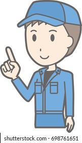 Illustration that a man wearing work clothes points at a finger