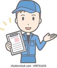 Illustration that a man wearing work clothes talking with a file