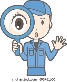 Illustration that a man wearing work clothes has a magnifying glass