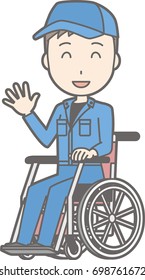 Illustration that a man wearing work clothes is laughing on a wheelchair
