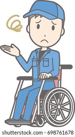 An illustration that a man wearing work clothes is troubled with a wheelchair