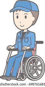 Illustration that a man wearing work clothes is on a wheelchair