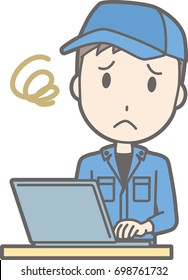 An illustration that a man wearing work clothes is troubled by operating a laptop computer