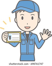 Illustration that a man wearing work clothes has an identification card